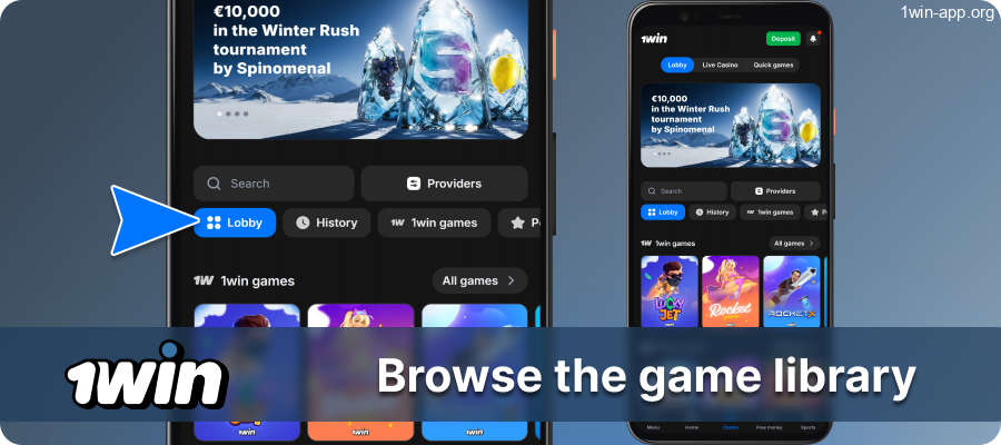 Open the 1Win App Casino Lobby