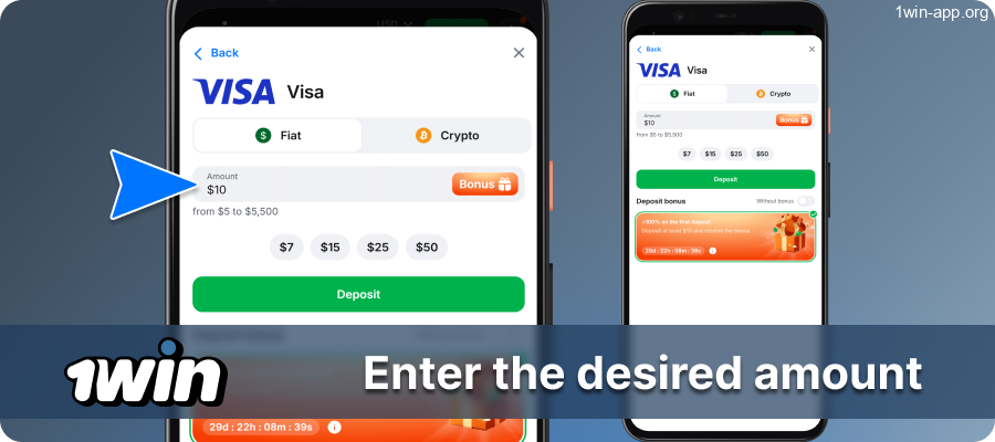 Enter the Deposit Amount in the 1Win App