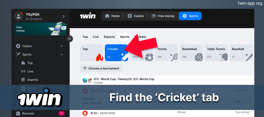 Navigate to Cricket on 1win