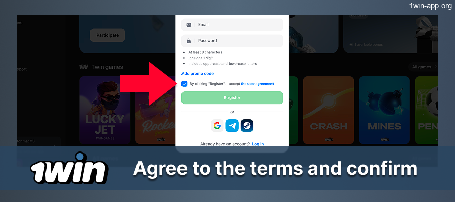 1win: Agree to terms and register